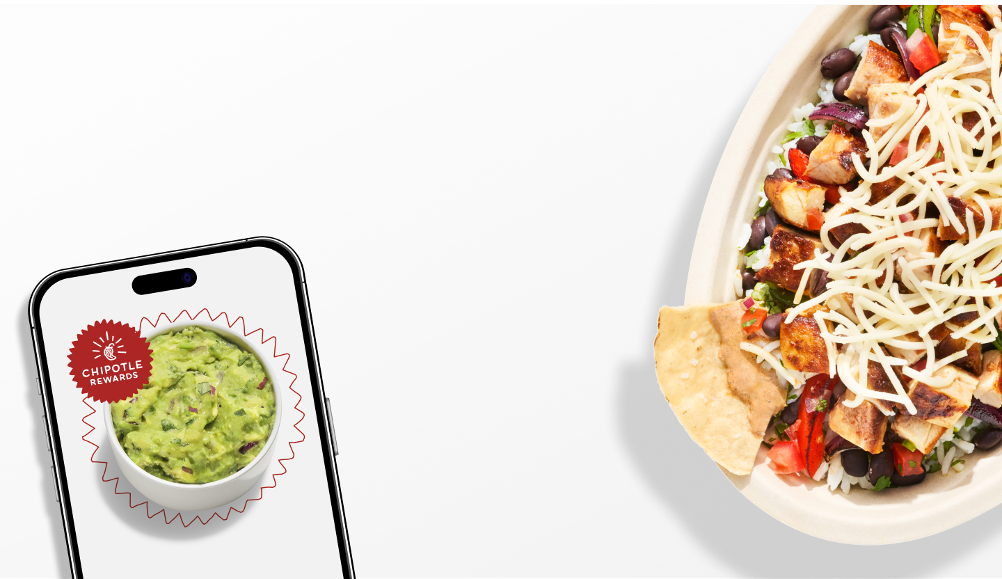 A side of fresh made Guacamole in a phone and a Chipotle Burrito Bowl with a freshly made tortilla chip dipped in our new Adobo Ranch.